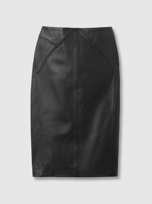 Leather High Rise Midi Skirt Black | Womens