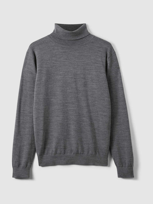Slim Fit Merino Wool Roll Neck Jumper Derby Grey Marl | Mens