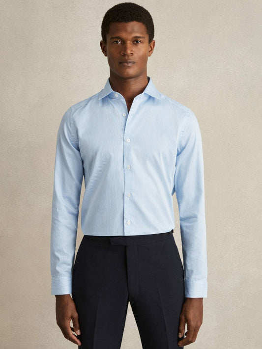 Slim Fit Cotton-Satin Cutaway-Collar Shirt Blue Stripe | Mens