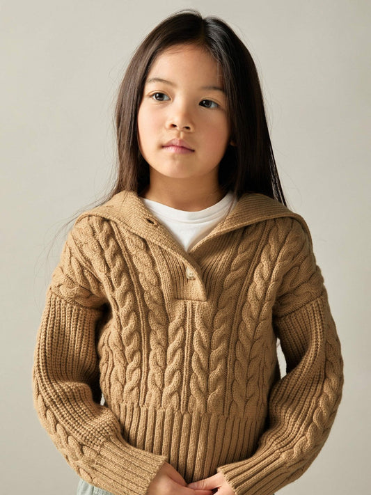 13-14 yrs Cotton-Blend Open-Collar Cable-Knit Jumper With Wool Camel | Children