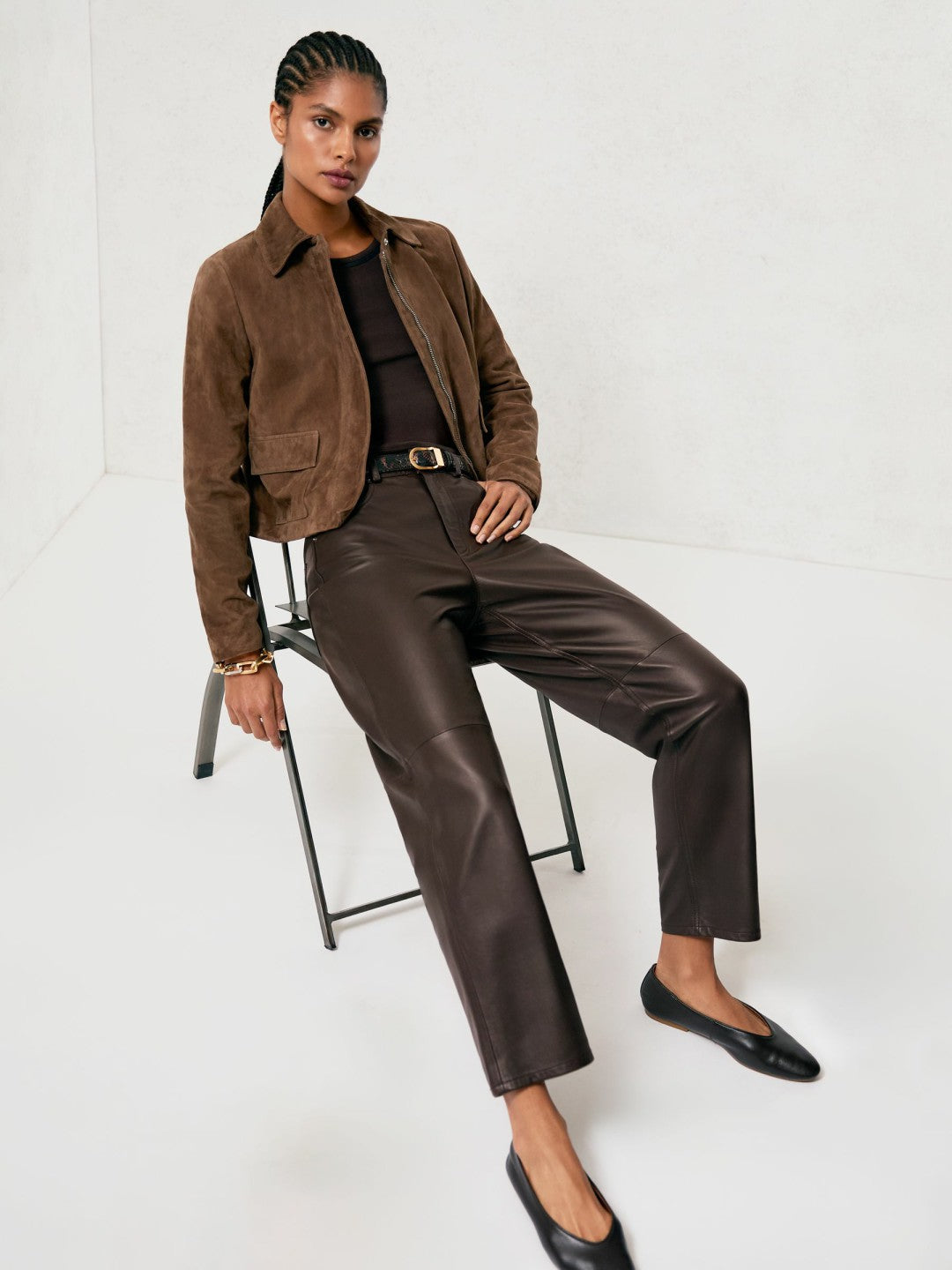 Leather Slim-Leg Trousers Chocolate | Womens