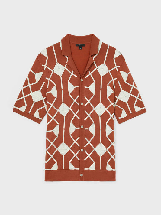 Geometric Embroidery Knit Shirt Paprika Red | Mens