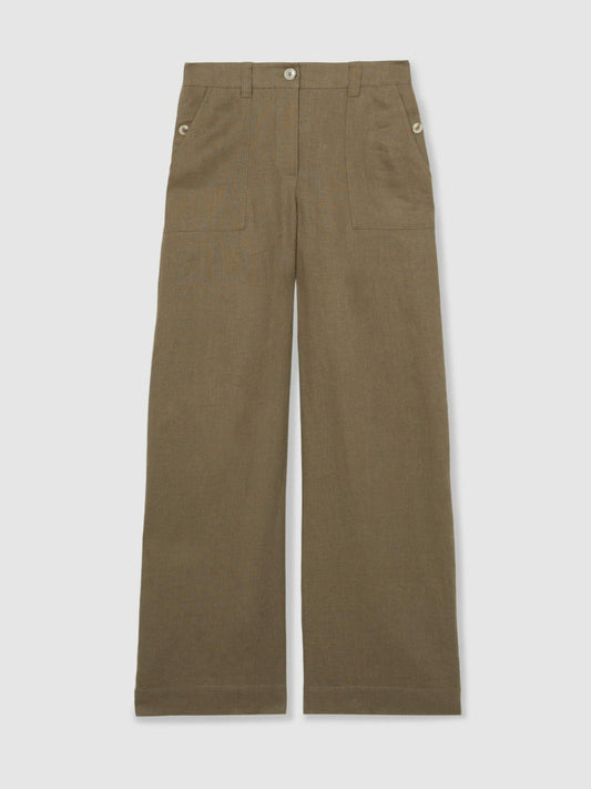 Linen Wide Leg Trousers Khaki | Womens