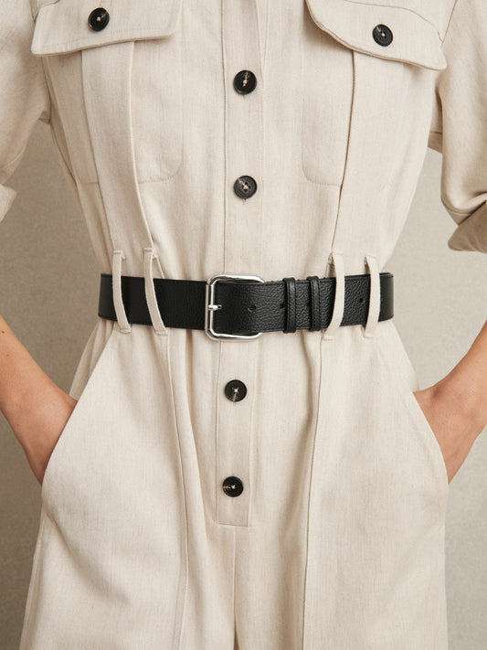 Leather Square Roller Buckle Belt Black | Womens