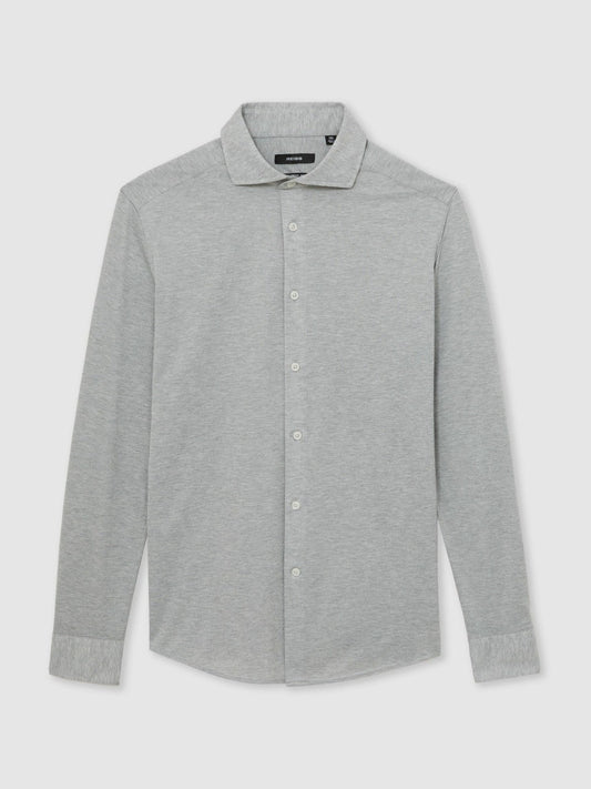 Cotton-Blend Jersey Cutaway-Collar Shirt Grey Melange | Mens
