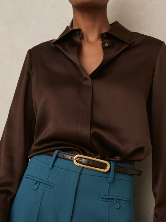 Thin Leather Elongated Buckle Belt Chocolate | Womens