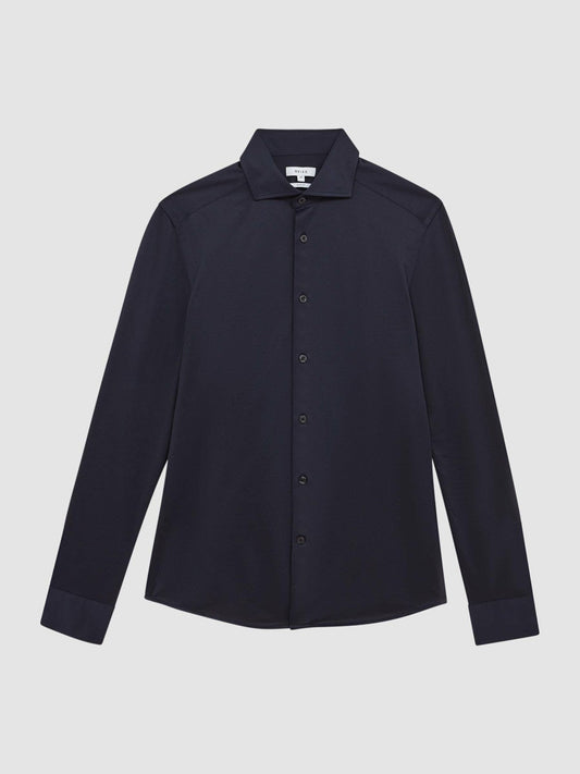 Cotton-Blend Jersey Cutaway-Collar Shirt Navy | Mens