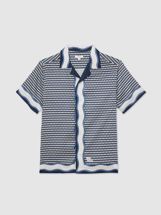 Geometric-Print Cuban-Collar Shirt White/Navy | Mens