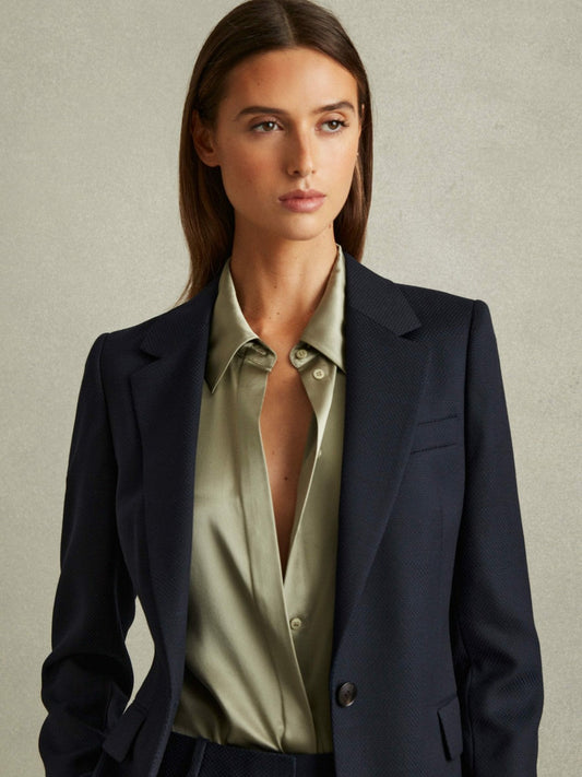 Textured Single Breasted Suit Blazer Navy | Womens
