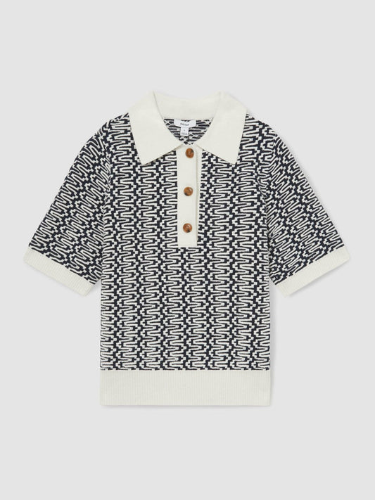 Zig-Zag Knit Polo Shirt Blue/Ivory | Womens