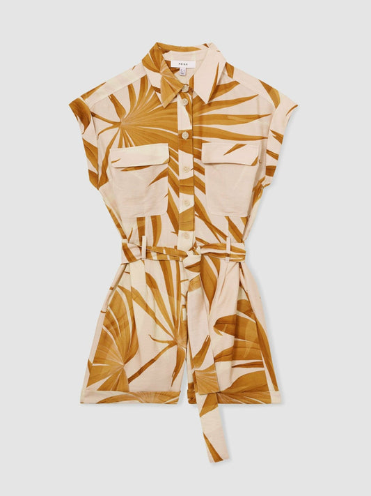 Palm Print Belted Playsuit Neutral | Womens