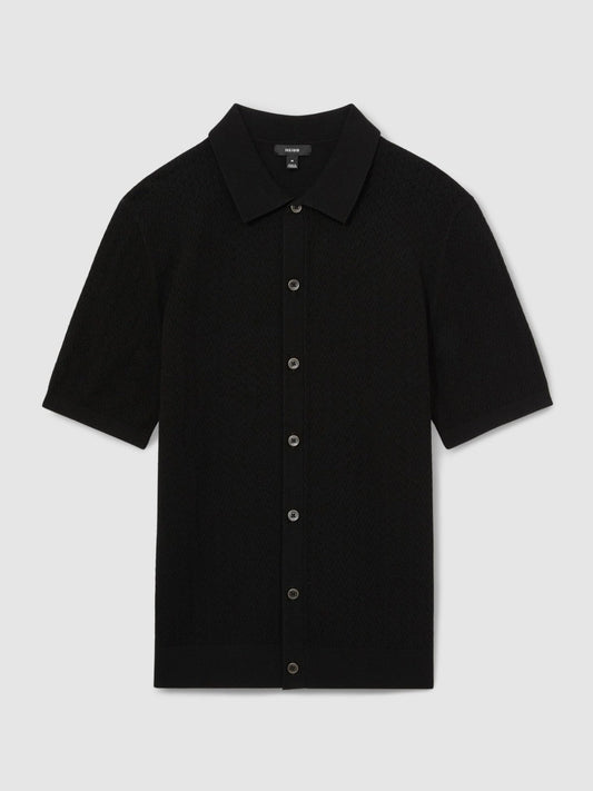 Textured Knit Button-Through Shirt Black | Mens