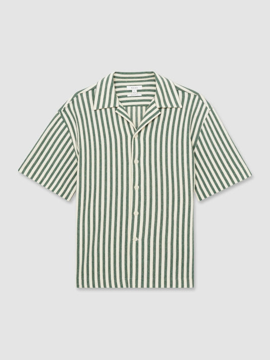 Textured Stripe Cuban-Collar Shirt Green/White | Mens