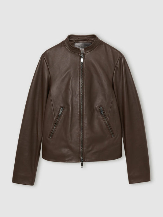 Leather Collarless Biker Jacket Chocolate Brown | Womens