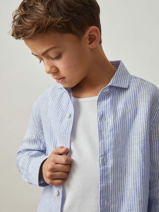 13-14 yrs Linen Cutaway Collar Shirt Blue/White Stripe | Children