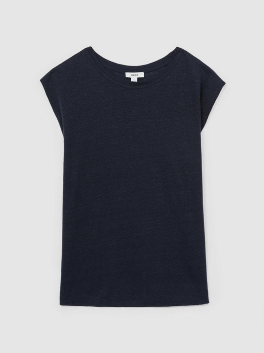Linen Cap-Sleeve T-Shirt Navy | Womens