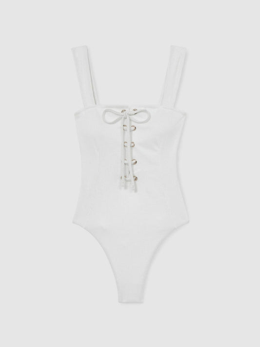 Ribbed Lace-Up Swimsuit White | Womens