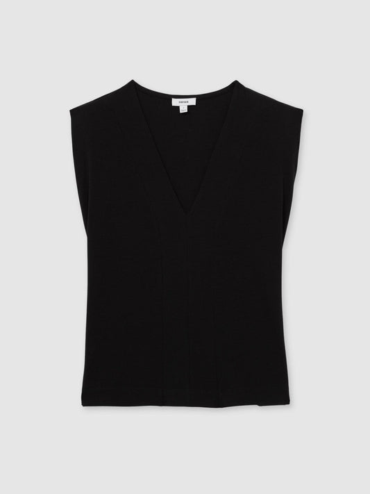 Cotton Shoulder-Pad V-Neck Top Black | Womens