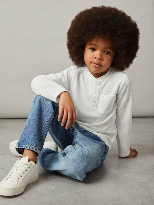 13-14 yrs Cotton-Blend Waffle Henley T-Shirt White | Children