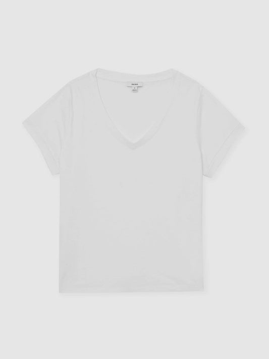 Brushed-Cotton V-Neck T-Shirt White | Womens
