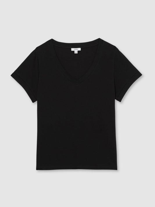 Brushed-Cotton V-Neck T-Shirt Black | Womens
