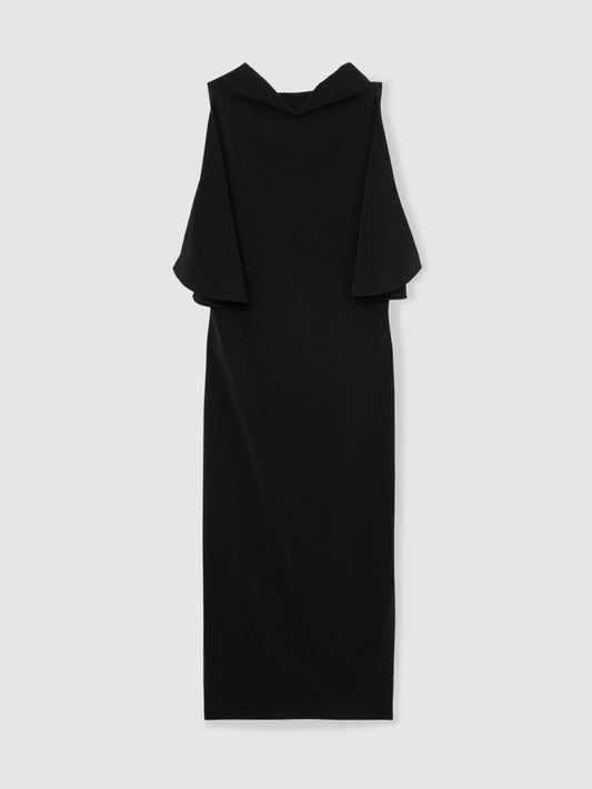 Draped-Front High-Neck Midi Dress Black | Womens