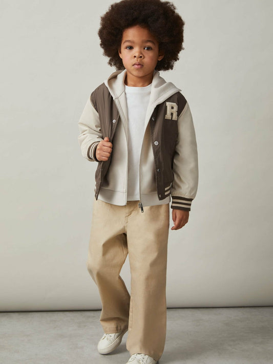 13-14 yrs Colour-Block Varsity Bomber Jacket Mink Brown/Off White | Children