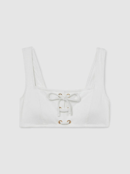 Ribbed Lace-Up Bikini Top White | Womens
