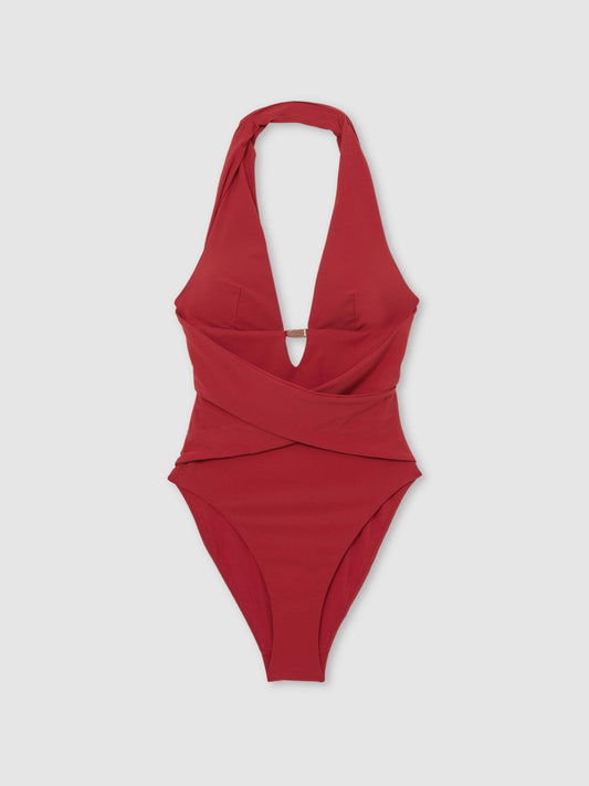 Plunge Halterneck Swimsuit Dark Red | Womens