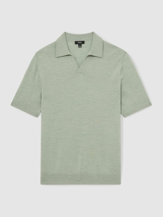 Merino Wool Open Collar Polo Shirt Sage Green Melange | Mens