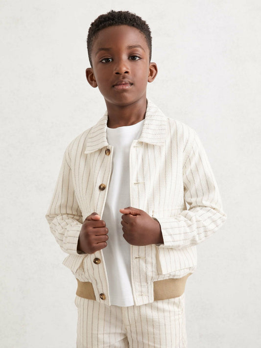 13-14 yrs Cotton Pinstripe Harrington Jacket Off White/Taupe Brown | Children