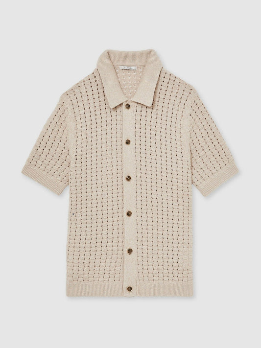 Basketweave Knit Button Through Cotton Blend Shirt Stone | Mens