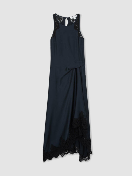 Satin Drape Lace-Trim Dress Navy | Womens