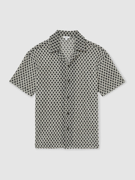 Geometric-Crochet Cuban-Collar Shirt Navy/White | Mens