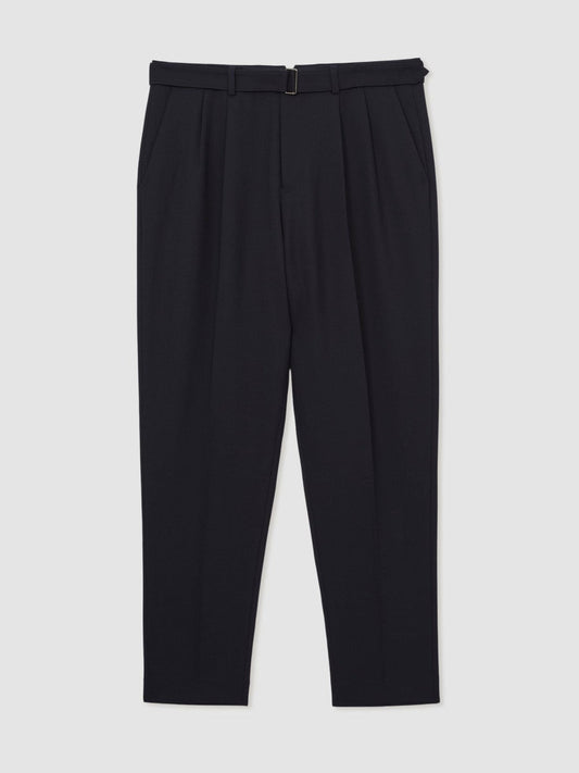 Wool-Blend Belted Pleated Trousers Regular-Fit Navy | Mens
