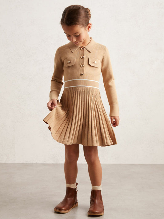 13-14 yrs Button-Detail Stripe Knitted Dress Camel | Children