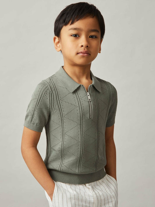 13-14 yrs Half-Zip Pointelle Polo Shirt Sage | Children