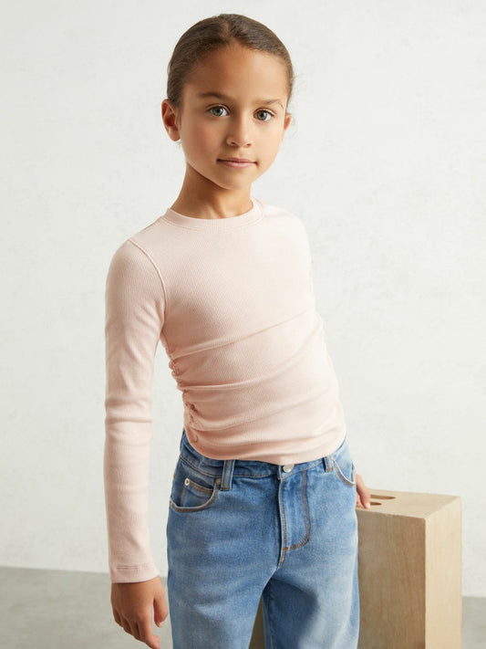 13-14 yrs Cotton Ruched Long-Sleeve T-Shirt with Stretch Pale Pink | Children