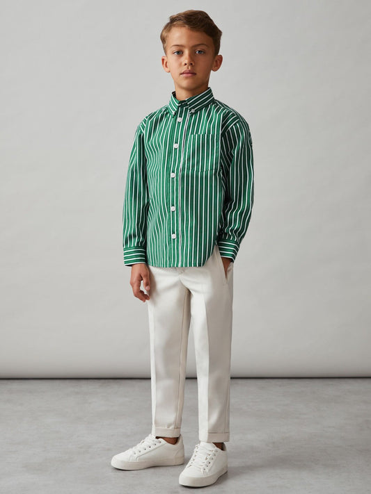 13-14 yrs Cotton-Poplin Striped Oversize Shirt Green/White | Children