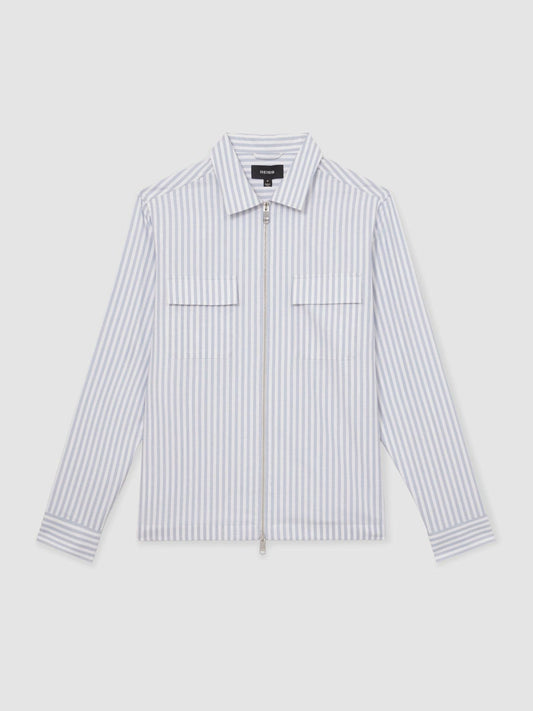 Cotton Stripe Zip-Through Shirt White/Soft Blue | Mens