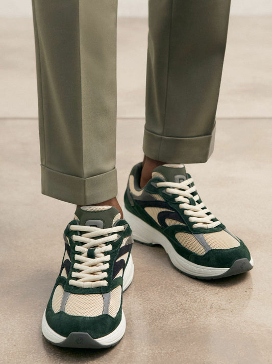 Panelled Running Trainers Forest Green/Stone | Mens