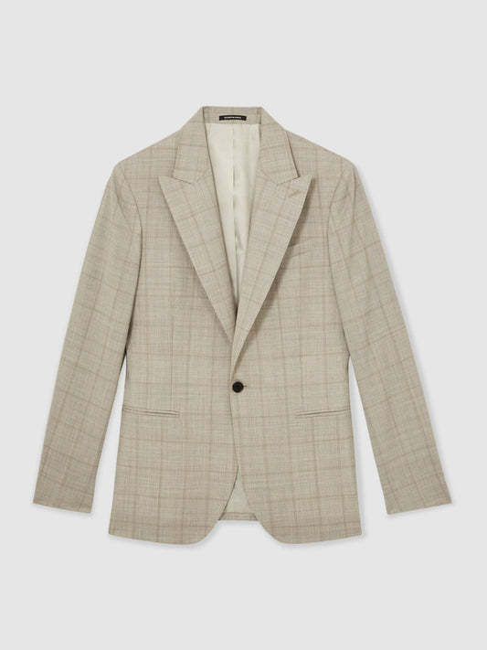 Slim-Fit Single-Breasted Wool Check Suit Blazer Oatmeal Brown | Mens