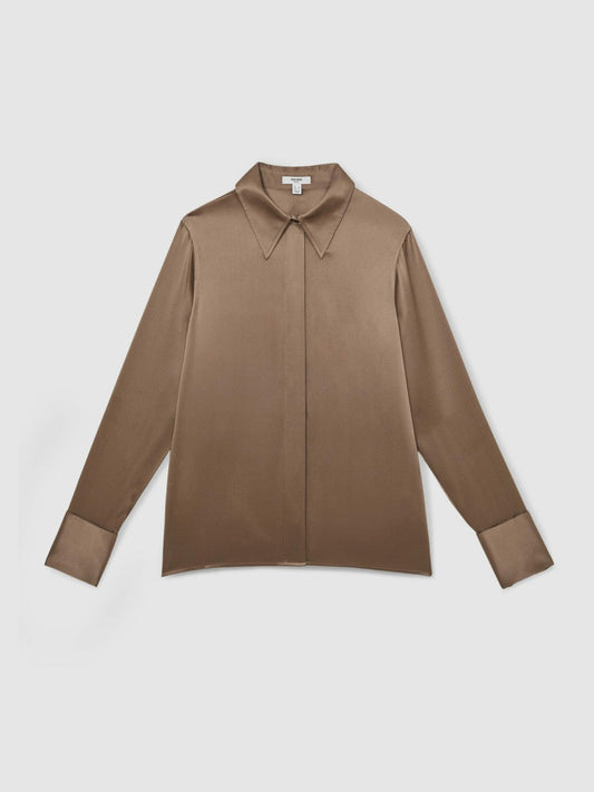 Silk-Satin Concealed-Placket Shirt Taupe Brown | Womens