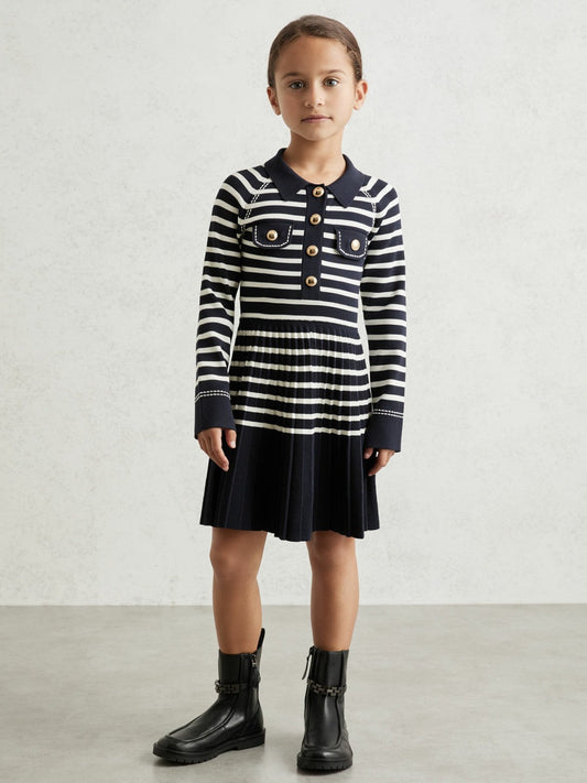 13-14 yrs Button-Detail Stripe Knitted Dress Navy/White | Children