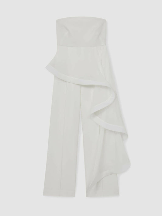 Silk Ruffle Bandeau Wide-Leg Jumpsuit Ivory | Womens