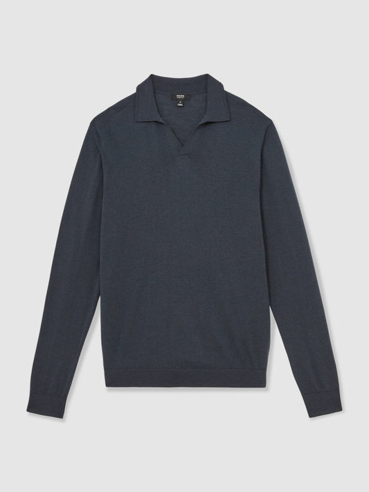 Merino Wool Open-Collar Polo Shirt Midnight Navy | Mens