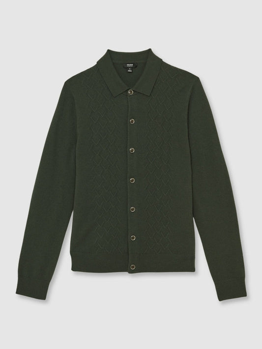 Wool V-Stitch Button-Through Cardigan Forest Green | Mens