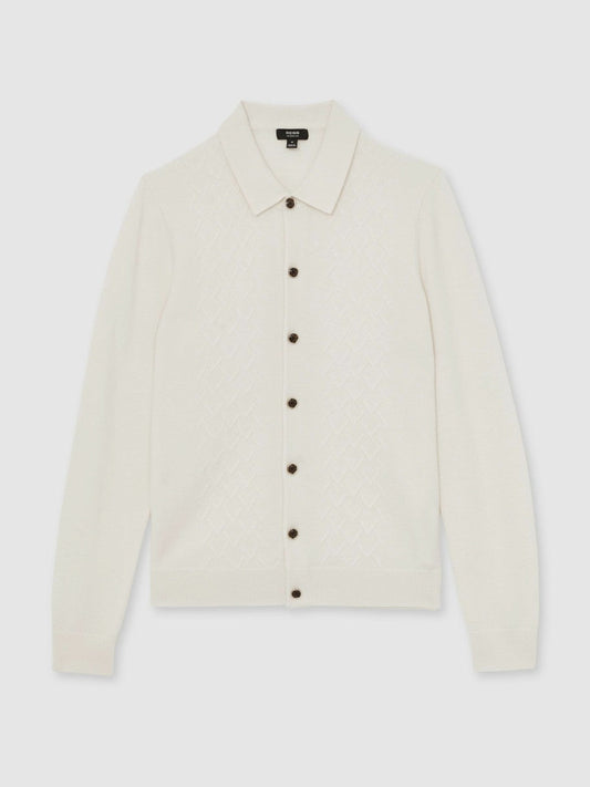Wool V-Stitch Button-Through Cardigan Off White | Mens