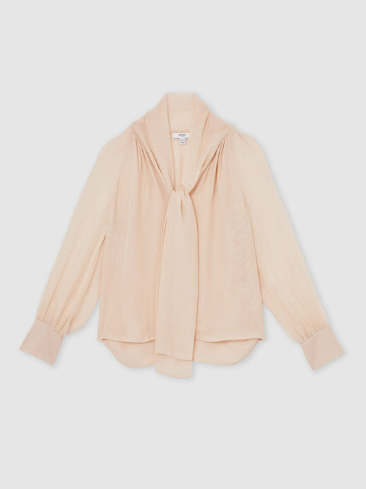 Silk Blend Chiffon Tie-Neck Blouse Pale Pink | Womens