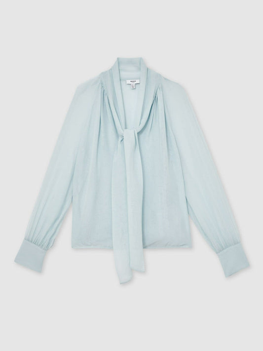Silk Blend Chiffon Tie-Neck Blouse Pale Blue | Womens